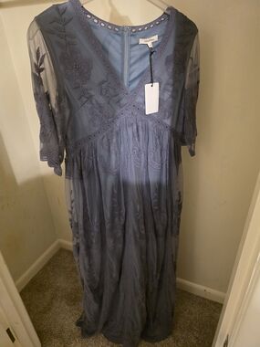 Chantelle Dusty Blue Embroidered V-Neck Maxi Dress